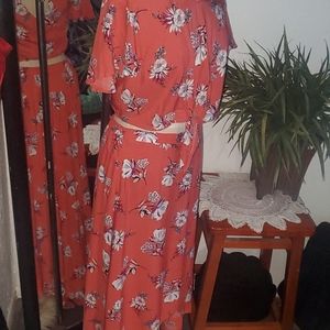 Blouse and skirt set orange and white w/pink
